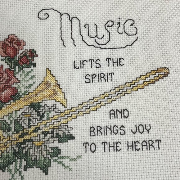 Framed Completed Counted Cross Stitch Trombone & Flowers 1991 - Picture 3 of 8